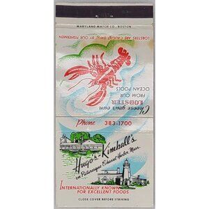 Front Strike Matchbook Hugo Kimballs Cohasset Harbor MA Lobster Lighthouse